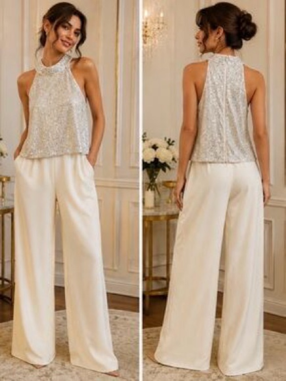 ALEXA B Sequin Sleeveless High Halter Jumpsuit in Ivory and Silver 12 NEW NWT